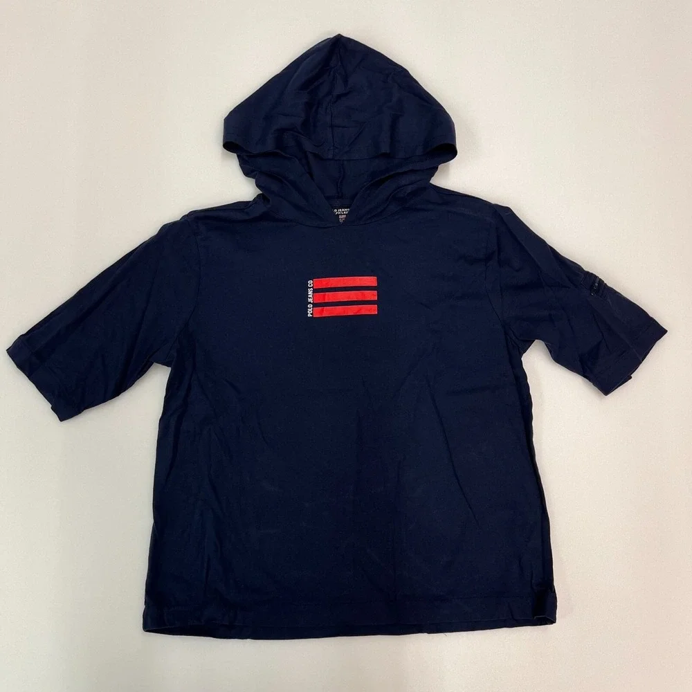 Polo Jeans Company‎ Hooded T-Shirt Short Sleeve Navy Blue Youth Size L VTG NWT